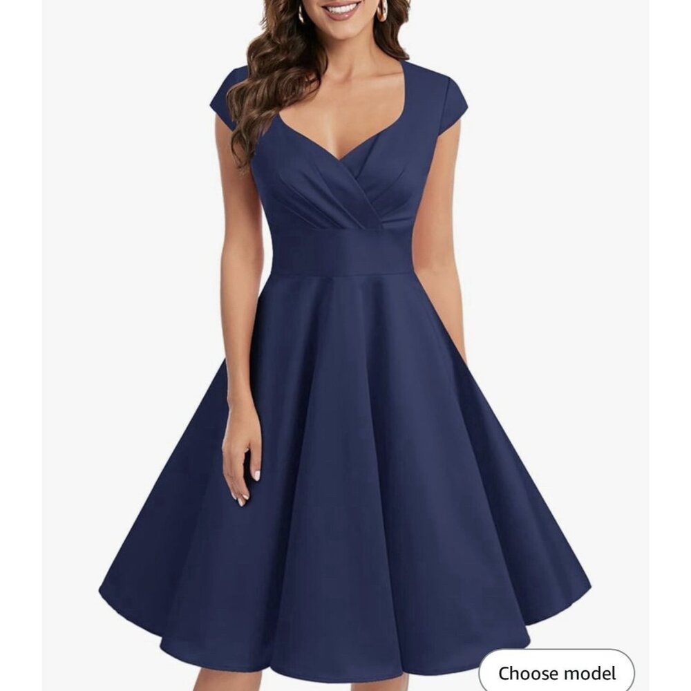 Navy Blue Cap Sleeve A-Line elegant Cocktail Dress Fit & Flare Design Elegant V-